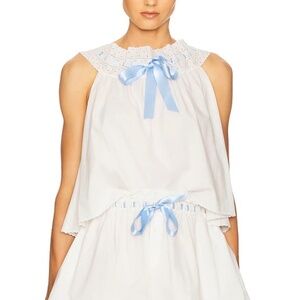 HELSA - The Summer Vintage Top --Off-Shoulder Eyelet Top with Blue Satin Ribbon